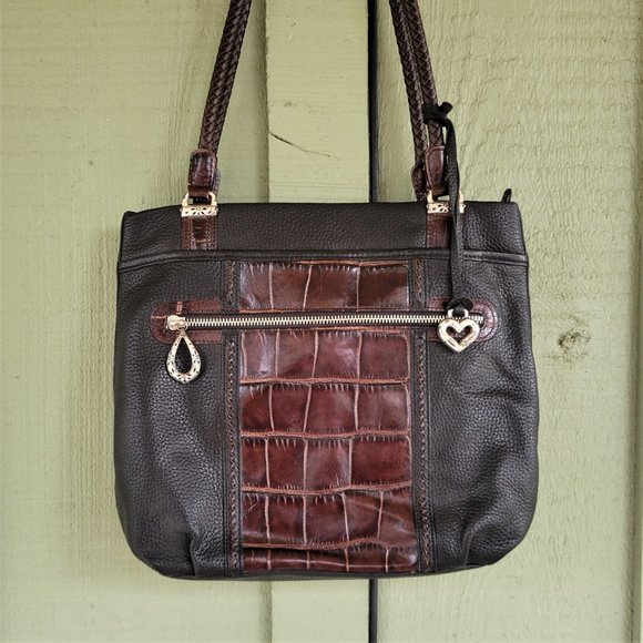 BRIGHTON Black Leather Brown Mock Croc Shoulder Bag - Picture 3 of 8
